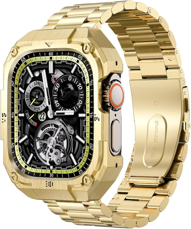 PanPinnacle Formal Stainless Steel Watch Case with Band Compatible with Apple Watch Series 11 10 46mm Band for Men,Metal Protective Bumper Cover iwatch Band with Strap,Gold - Image 1